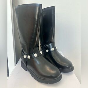 SO Girls Pearl Stud Knee High Boots Black Size 3 Memory Foam NIB